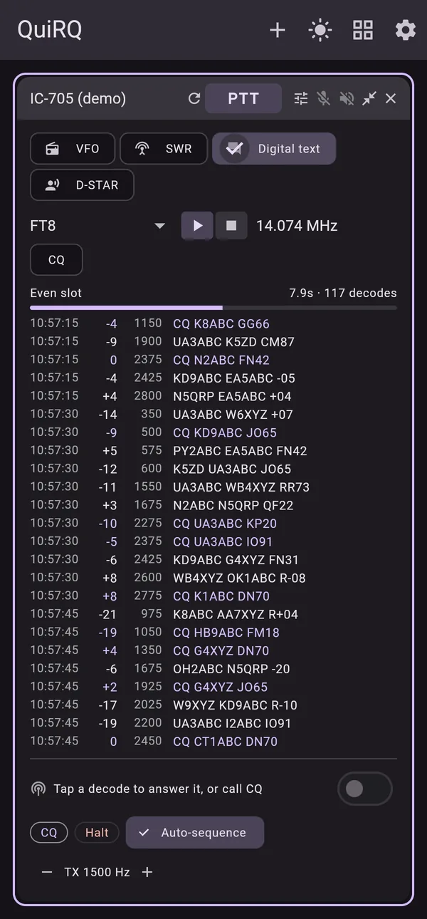 QuiRQ on a phone, showing FT8 decodes with CQ calls highlighted